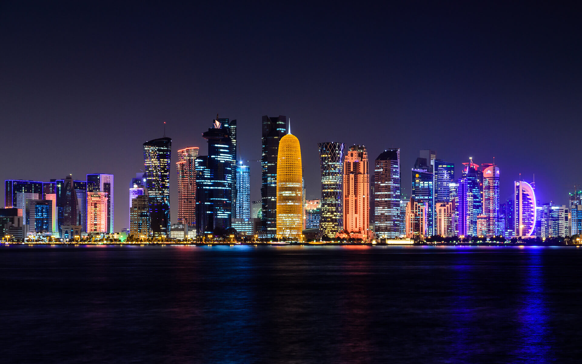 Doha city skyline illuminated at night